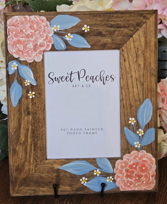 Peach Hydrangea & Blue Leaf Hand-Painted 5x7 Keepsake Frame