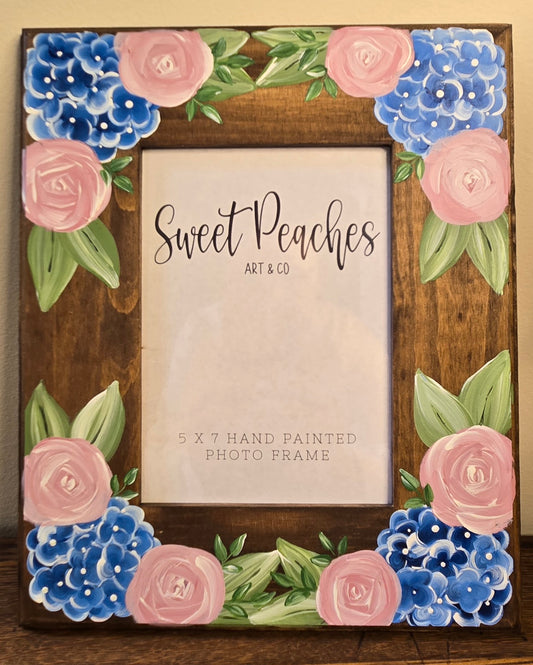 Blue Hydrangea & Pink Rose Garden Hand-Painted 5x7 Keepsake Frame